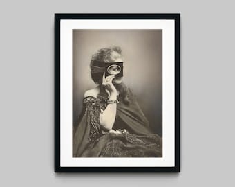 Studio portrait of a woman in a dress hidden behind a photo tool Black and White Photography Fine Art Print - Wall Decor