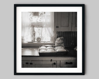 Bread dough ready for baking rises in the summer kitchen by a window Black and White Fine Art photography Print Wall Decor