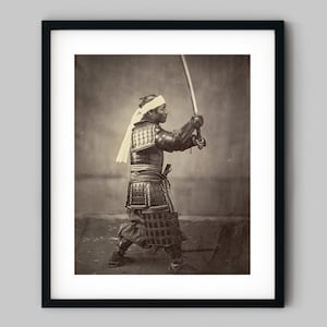 Samurai warrior in full battle armour holding a sword Black and White Photography Fine Art Print - Wall Decor
