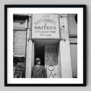 Man in a suit at the entrance of a bar club in Harlem New York USA Black and White Photography Fine Art Print - Wall Decor