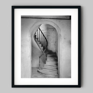 Light shines across the stone steps of an old stairway in New Orleans Louisiana USA Black and White Photography Fine Art Print Wall Decor