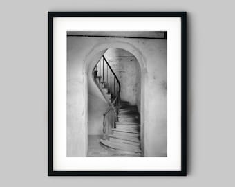 Light shines across the stone steps of an old stairway in New Orleans Louisiana USA Black and White Photography Fine Art Print Wall Decor