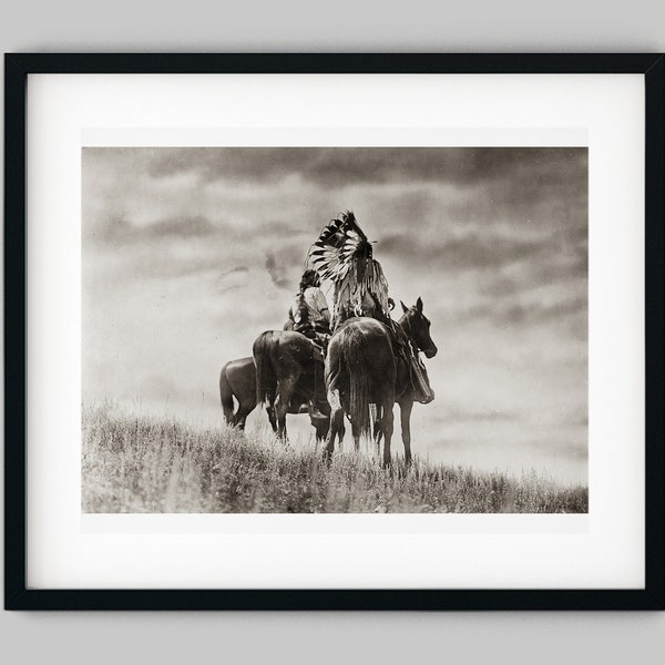 Native American Cheyenne Warriors on Horseback on the Plains Photograph Fine Art Black and White Print - Wall Decor