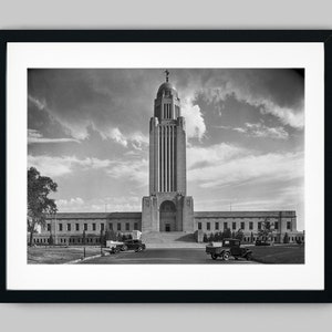 Nebraska State Capitol Building Exterior in Lincoln - Black and White Photography Fine Art Print - Wall Decor