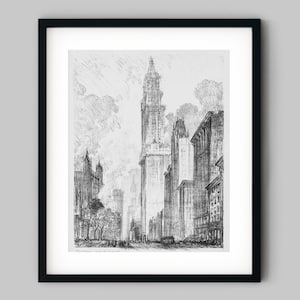 Print of a etching drawing the downtown buildings of Manhattan on New York City USA Black and White Fine Art Print - Wall Decor