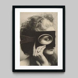 Studio portrait of a woman in a dress hidden behind a photo tool Black and White Photography Fine Art Print - Wall Decor