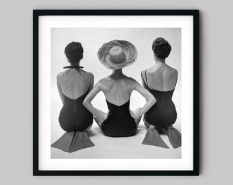 Back view of fashion models in swim suits straw hat and flippers Black and White Photography Fine Art Print - Wall Decor