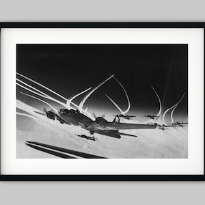 B-17 Airplane bomber flies on a bombing raid during WWII Black and White Photography Fine Art Print - Wall Decor