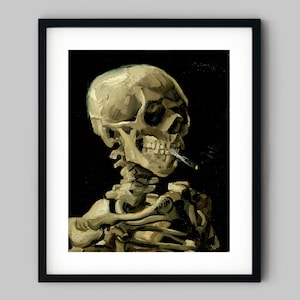 Skeleton and head skull with a lit cigarette in his mouth Black and White Photography Fine Art Print - Wall Decor