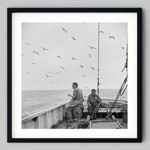 Sea men on board the deck of a fishing boat out to sea near Massachusetts Black and White Photography Fine Art Print - Wall Decor