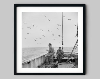 Sea men on board the deck of a fishing boat out to sea near Massachusetts Black and White Photography Fine Art Print - Wall Decor