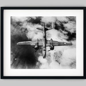 Douglas military bomber aircraft A-20 flies in the air during World War II Black and White Photography Fine Art Print - Wall Decor