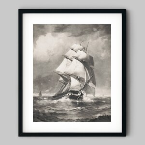 Frigate Constitution nautical sailing war ship on the Ocean waters Black and White Fine Art Print - Wall Decor