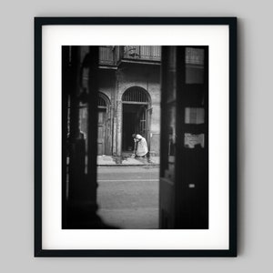 Street view of an African American woman cleaning the sidewalk, New Orleans Black and White Photography Fine Art Print - Wall Decor