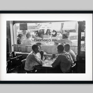 Group of men sit down to eat a lunch meal at a diner restaurant in Vale Oregon USA Black and White Photography Fine Art Print - Wall Decor