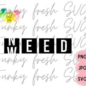 May include: A digital download of a black and white graphic design that says "MEED". The design is surrounded by a gray background with the text "Funky fresh SVG" repeated multiple times. The image also includes three pink circles with the text "PNG", "JPG", and "SVG" in white.