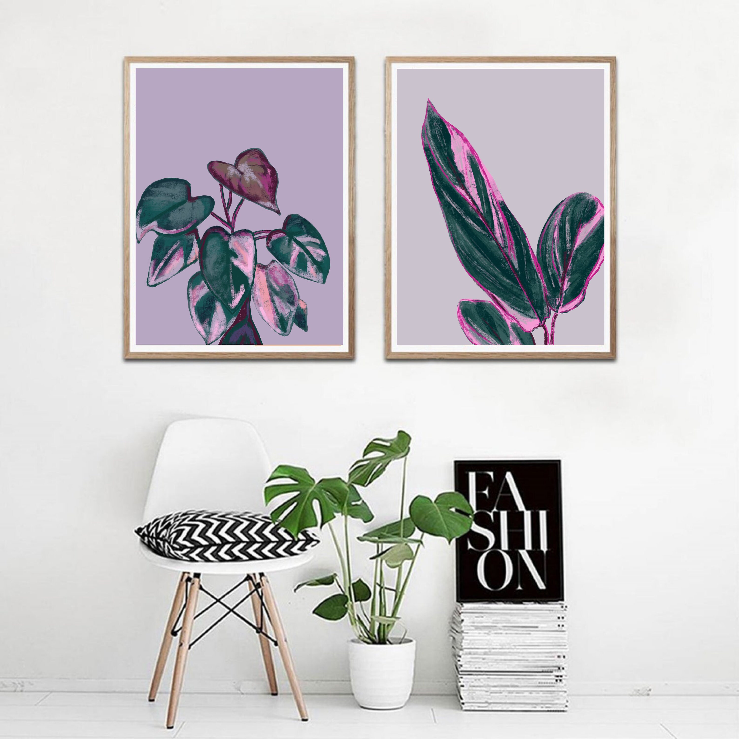 Green and Pink Jungle Tropical Leaves Digital Painting Wall Etsy