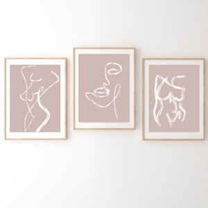 Beige/Tan and White Brush Stroke Line Art Female Portrait and Body Digital Painting Wall Art