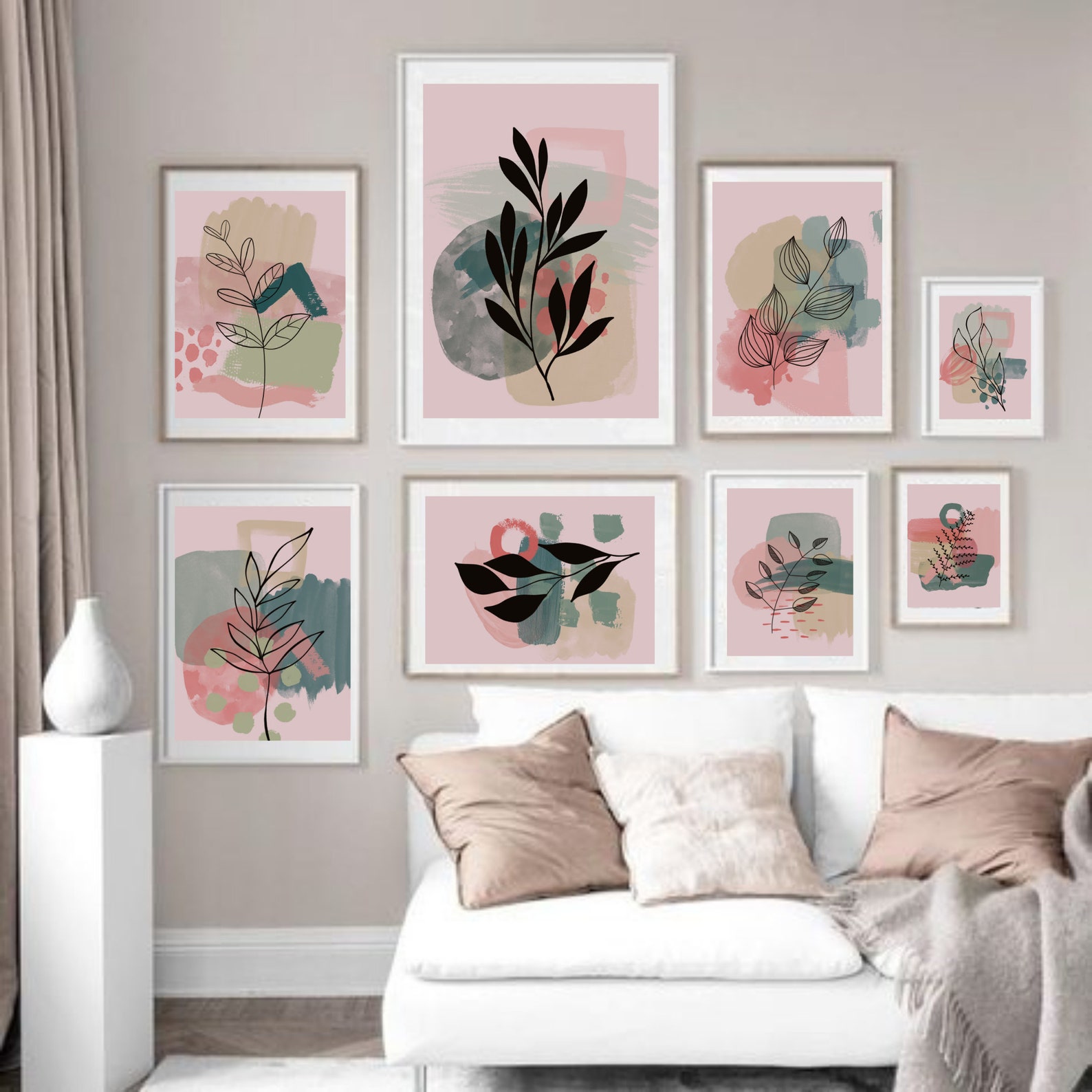 Pink and Aqua Girly Cute Abstract Floral/botanical Wall Art for Bedroom ...