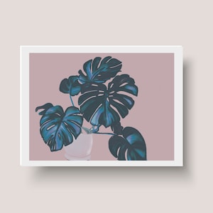 Monstera Plant Painting-   - Boho Home Decor- Horizontal Art Wall Poster- Neutral Beige Tan