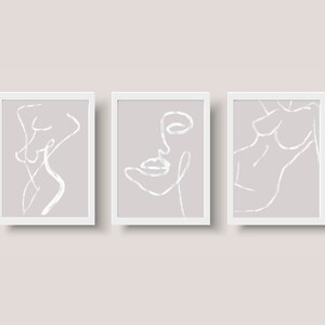 Beige/Tan and Femme White Brush Stroke Line Art Female Portrait and Body Digital Painting Wall Art- set of 3