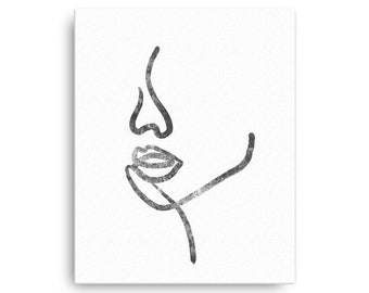Female Line Art Face Printed on Canvas and Shipped Black and White
