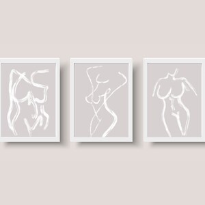 Neutral Tan and Femme White Brush Stroke Line Art Female Portrait and Body Digital Painting Wall Art- set of 4