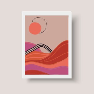 Bright and Boho Orange & Pink Moon Abstract Landscape Mountains  Abstract Minimalist Art Poster Print