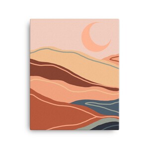 Boho Landschaft und Mond Orange Farbtöne gedruckt auf physischer Leinwand und versendet