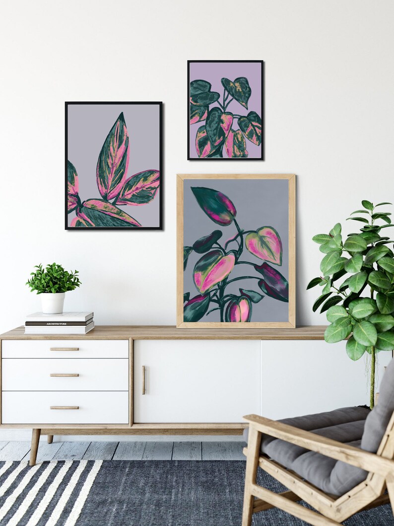 Green and Pink Jungle Tropical Leaves Digital Painting Wall Etsy