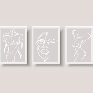 Beige/Tan and Femme White Brush Stroke Line Art Female Portrait and Body Digital Painting Wall Art- Set of 5- Best Sellers