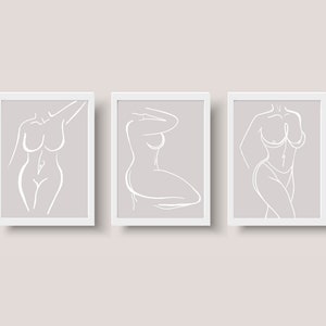 Beige/Tan and Femme White Brush Stroke Line Art Female Portrait and Body Digital Painting Wall Art- set of 3