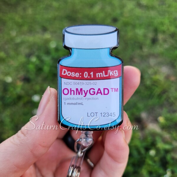 Funny MRI Gadolinium Vial Badge Reel | Ready To Ship  | Alligator or Belt Clip | Radiology, Magnetic Resonance Imaging Tech Gift