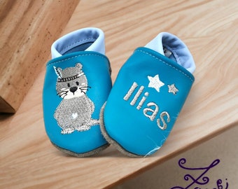 Krabbelschuhe mit Namen personalisiert Lederpuschen Babyparty Geburt Geschenk Boho Indianer Otter mit zwei Sterne