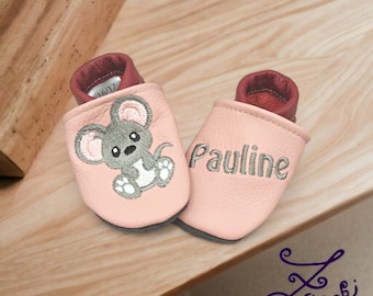 Krabbelschuhe mit Namen personalisiert Lederpuschen Geschenk Geburt Babyparty Hausschuhe Maus