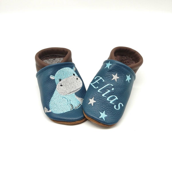 Crawling shoes with name (leather slippers, leather slippers) made of leather, hippopotamus in different colors - handmade gift birth baptism celebrations boy