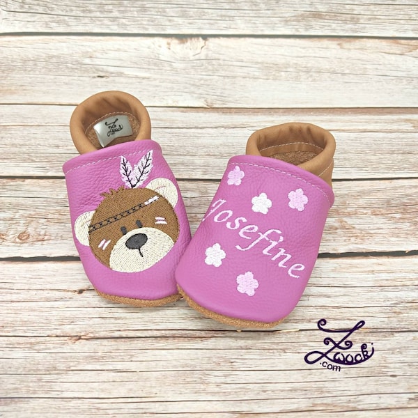 Crawling shoes with name (leather slippers, leather slippers) made of leather, Indian bear in different colors - handmade gift birth baptism girl
