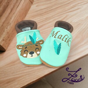 Krabbelschuhe mit Namen personalisiert Lederpuschen Babyparty Geburt Geschenk Hirsch