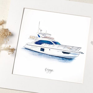 May include: A watercolor illustration of a white yacht with blue accents, sailing on a blue body of water. The word "Voyage" is written in cursive at the bottom of the image.