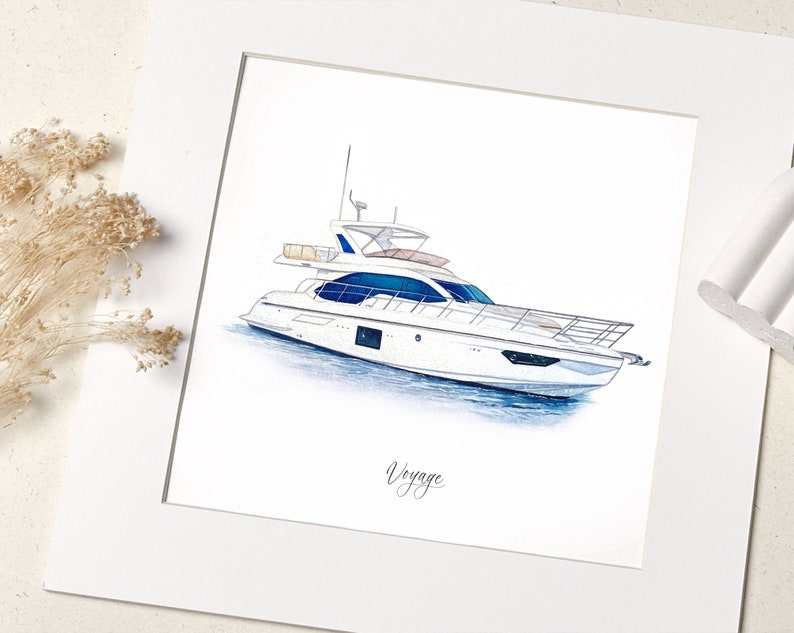 May include: A watercolor illustration of a white yacht with blue accents, sailing on a blue body of water. The word "Voyage" is written in cursive at the bottom of the image.