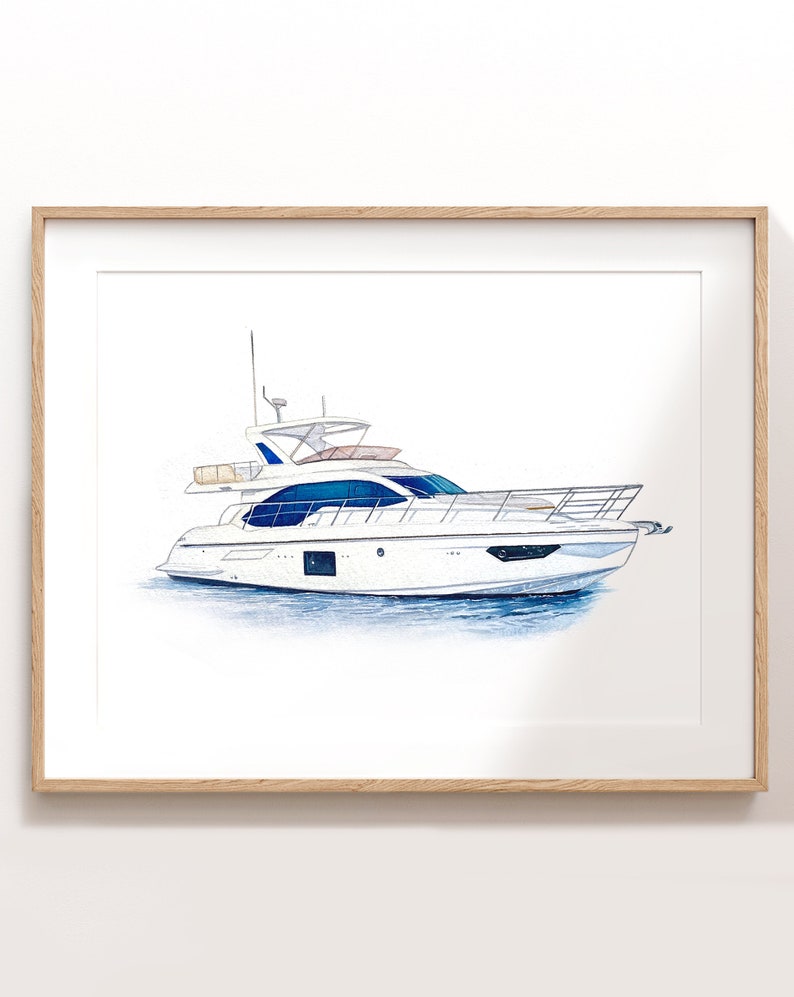 May include: A white and blue yacht with a brown deck and a blue windshield. The yacht is drawn in a realistic style with pencil and watercolor.