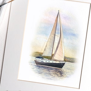 May include: Watercolor painting of a sailboat with white sails on a body of water. The sky is a light blue with hints of pink and orange. The sailboat is black and has a dark blue cabin.