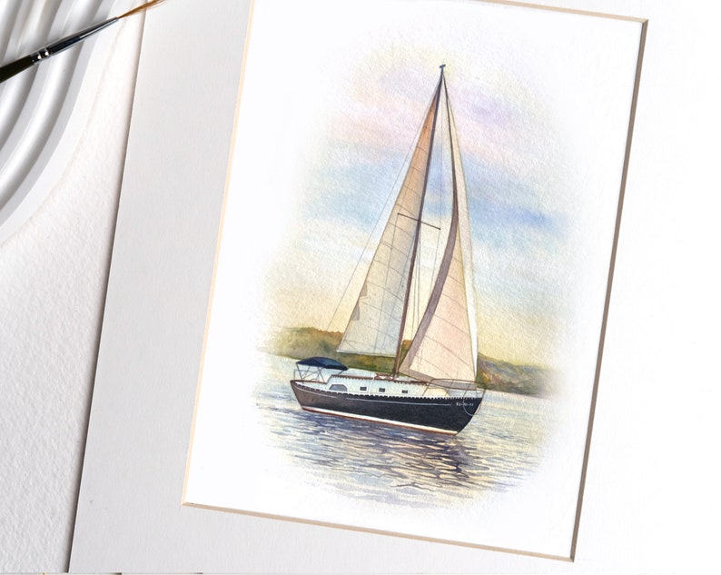 May include: Watercolor painting of a sailboat with white sails on a body of water. The sky is a light blue with hints of pink and orange. The sailboat is black and has a dark blue cabin.