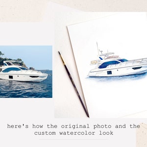 May include: A watercolor painting of a white yacht with blue accents, on a blue sea. The painting is on a white background.