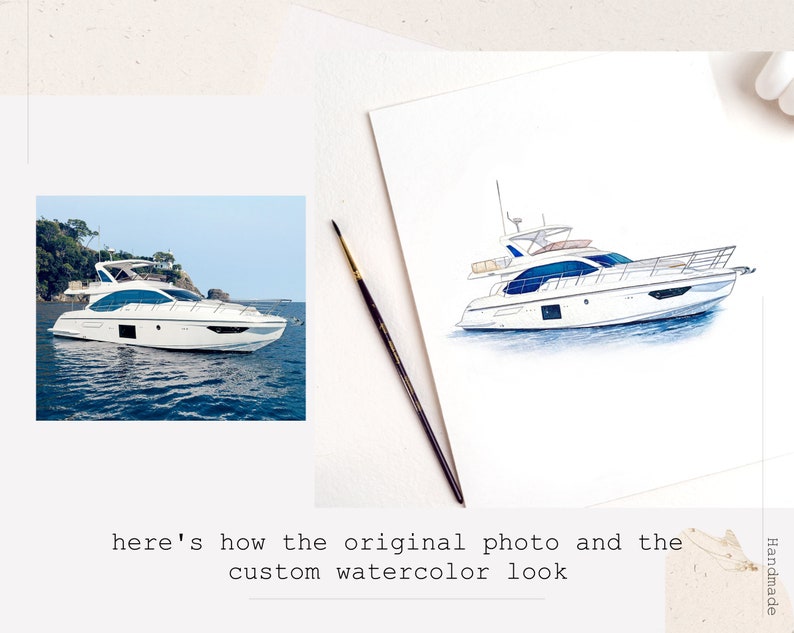 May include: A watercolor painting of a white yacht with blue accents, on a blue sea. The painting is on a white background.