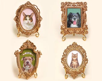 Handmade Acrylic Pet Portrait in Gold-Colored Vintage Frame, Custom Pet Portrait, Original Acrylic Painting, Pet Portrait From Photo