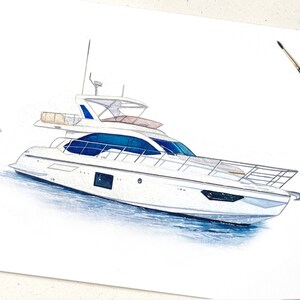 May include: Watercolor painting of a white yacht with blue accents, floating on a light blue body of water.