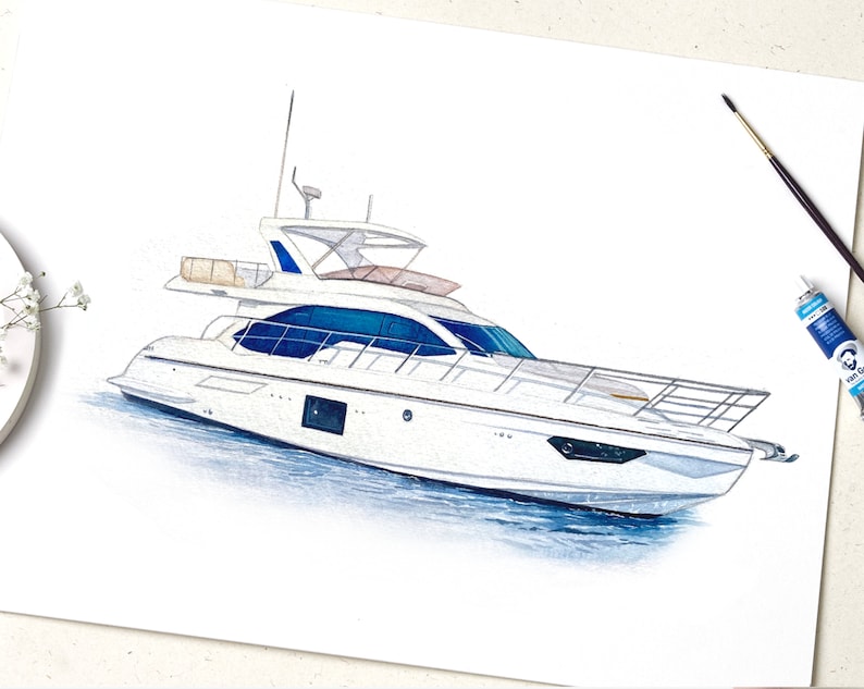 May include: Watercolor painting of a white yacht with blue accents, floating on a light blue body of water.