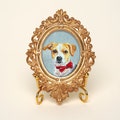 Mini custom acrylic pet portrait, dog portrait from photo, portrait in gold-colored vintage frame, pet portrait hand painted, pet memorial product logo