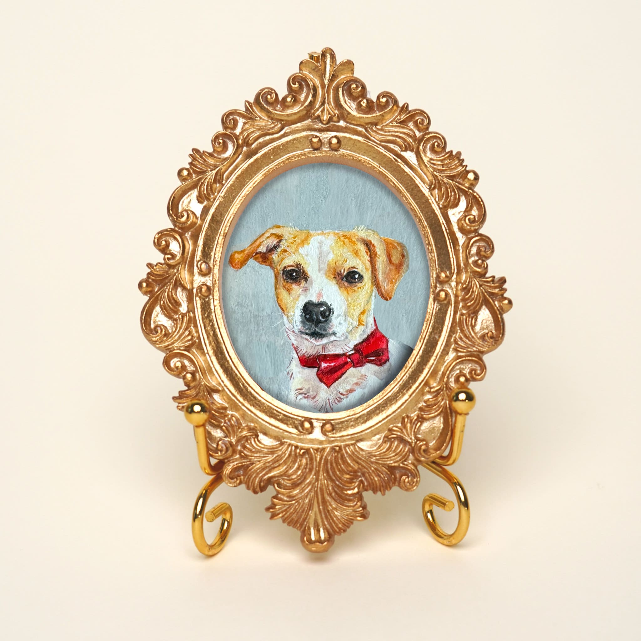 Mini custom acrylic pet portrait, dog portrait from photo, portrait in gold-colored vintage frame, pet portrait hand painted, pet memorial